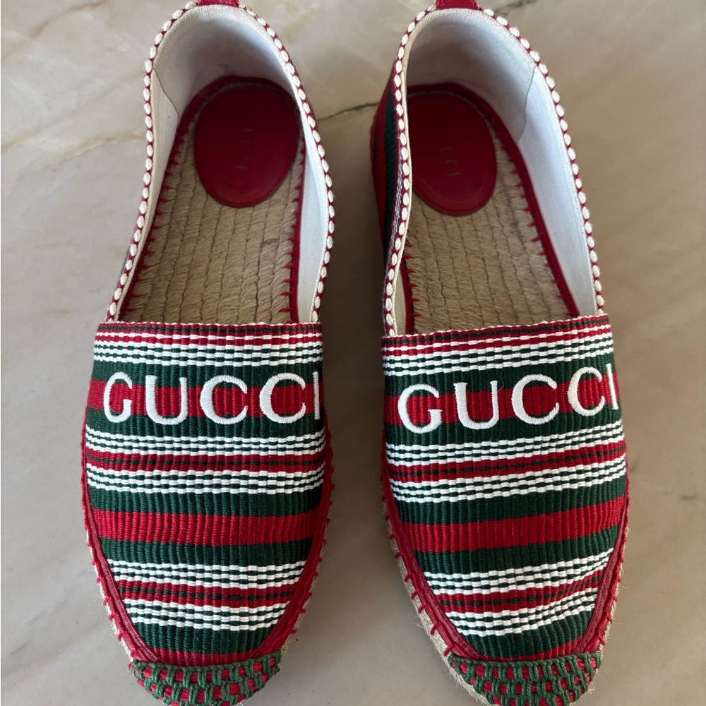 Gucci Red, Green & White Striped Logo Slip-On Espadrilles
